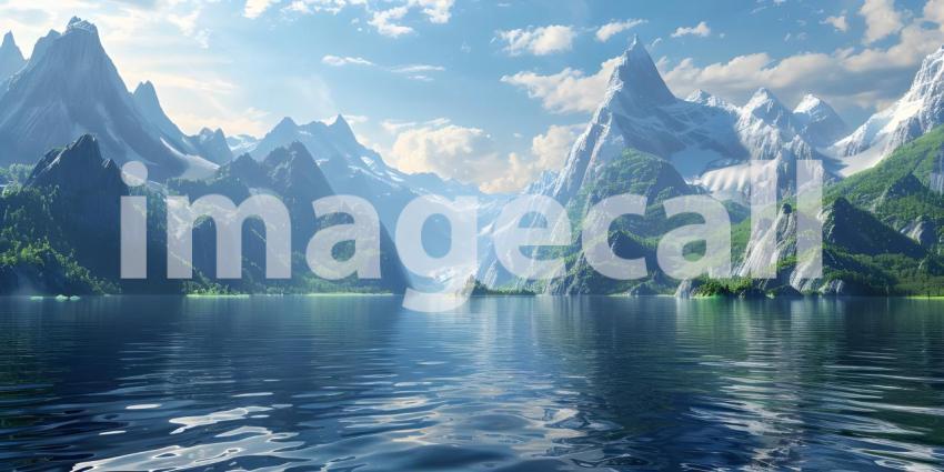 Beautiful Mountains surrounded by water background - Ai Generate