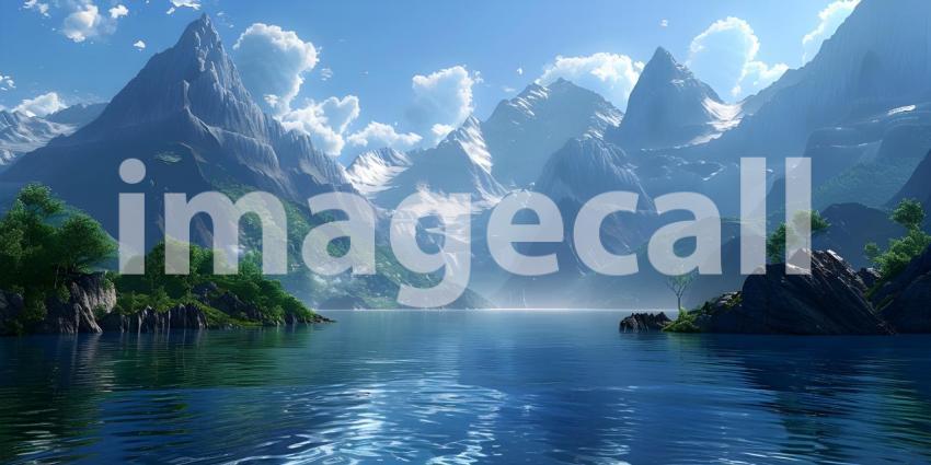 Beautiful Mountains surrounded by water background - Ai Generate
