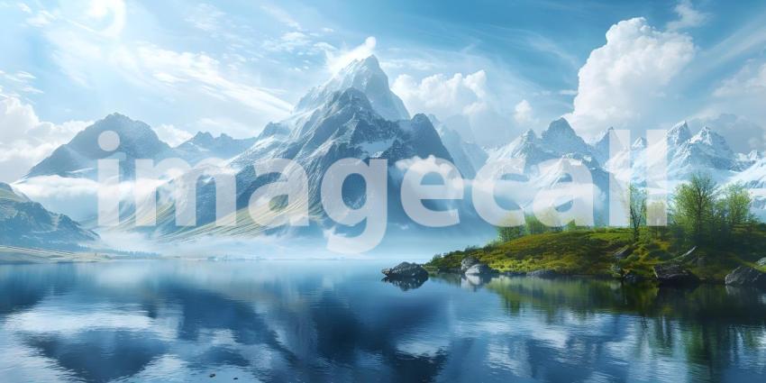 Beautiful Mountains surrounded by water background - Ai Generate
