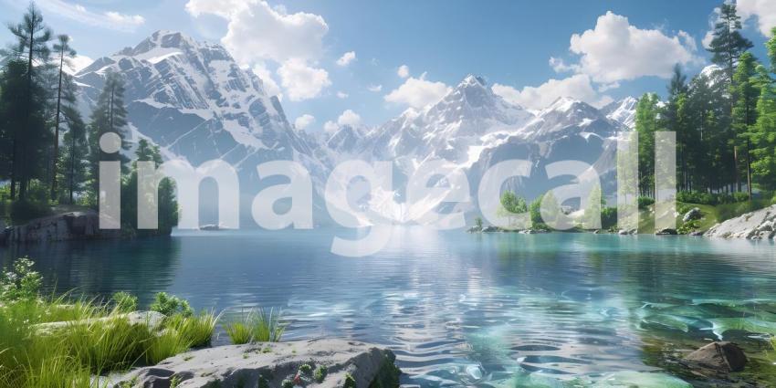 Beautiful Mountains surrounded by water background - Ai Generate