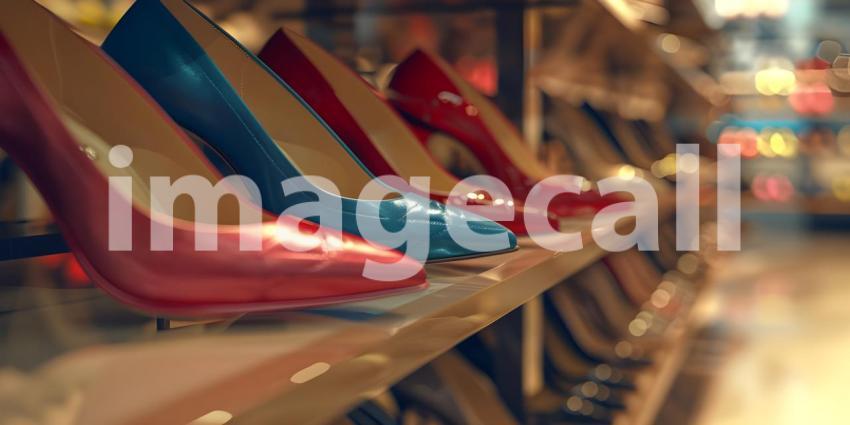 Beautiful women's shoes on a shelf in the store background - Ai