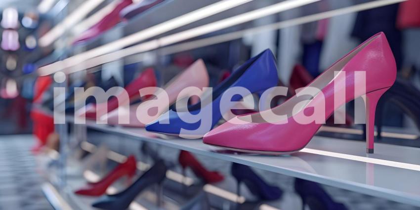 Beautiful women's shoes on a shelf in the store background - Ai