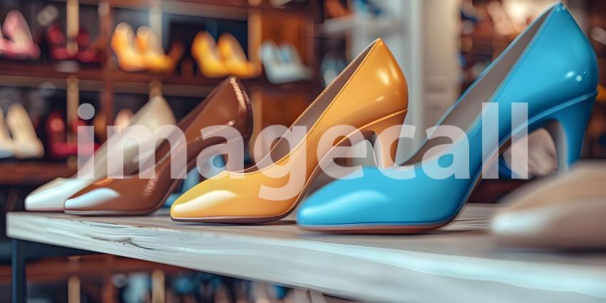 Beautiful women's shoes on a shelf in the store background - Ai