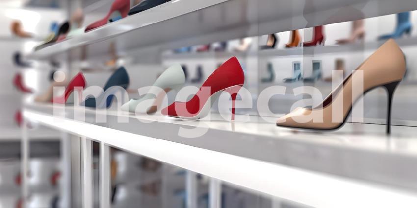 Beautiful women's shoes on a shelf in the store background - Ai