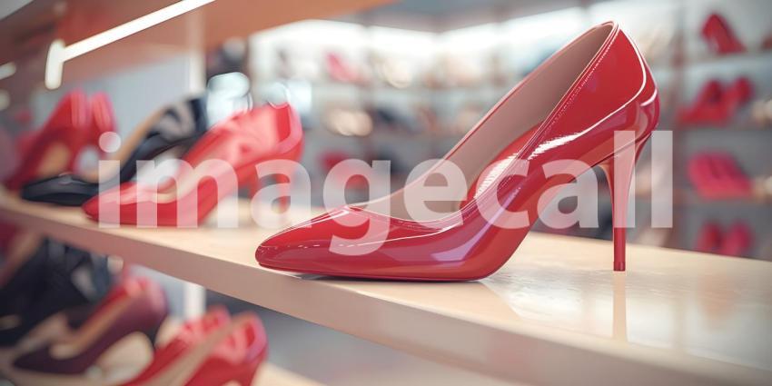 Beautiful women's shoes on a shelf in the store background - Ai