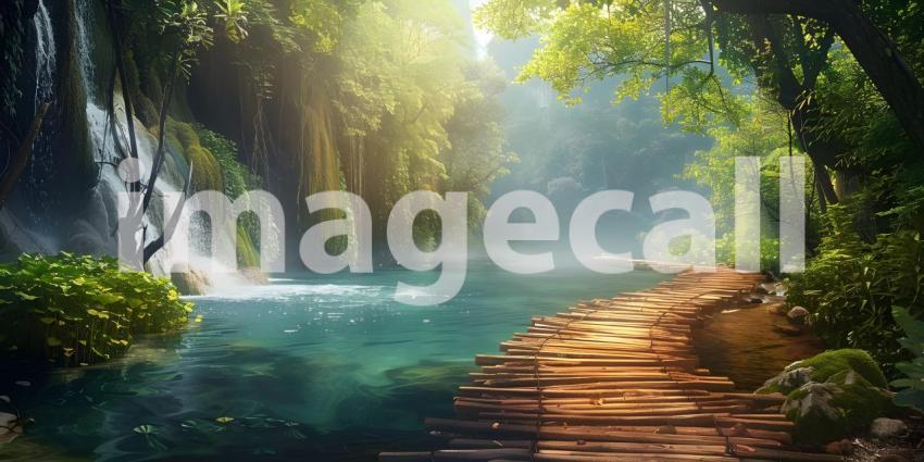 Beautiful wooden path trail for nature trekking with lakes and w