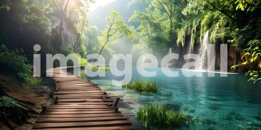 Beautiful wooden path trail for nature trekking with lakes and w