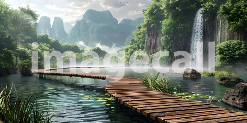 Beautiful wooden path trail for nature trekking with lakes and w