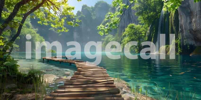 Beautiful wooden path trail for nature trekking with lakes and w