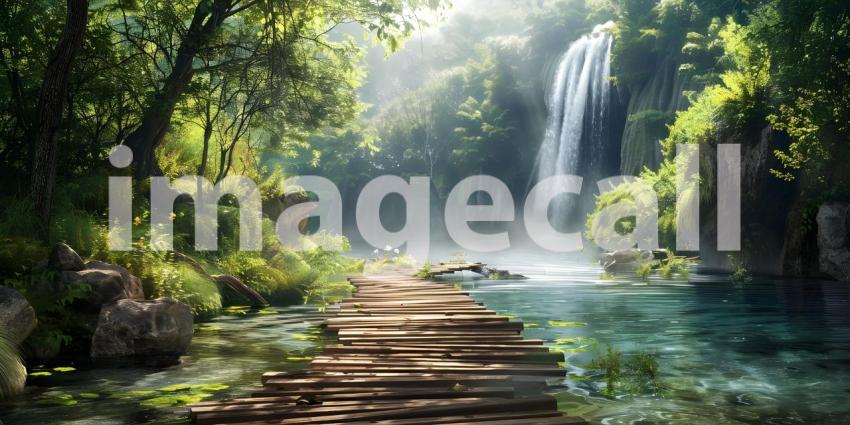 Beautiful wooden path trail for nature trekking with lakes and w