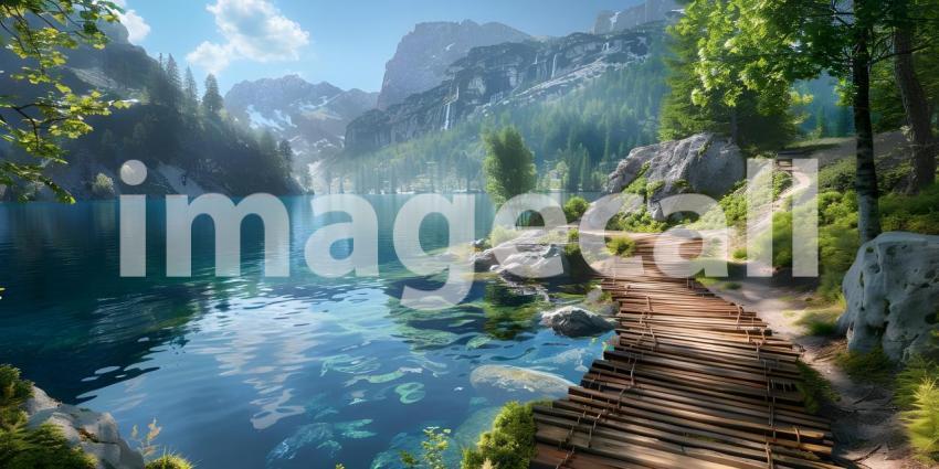 Beautiful wooden path trail for nature trekking with lakes and w