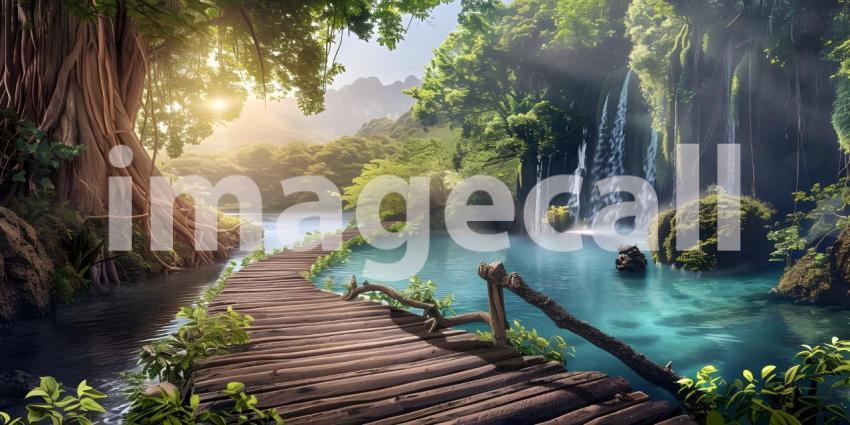 Beautiful wooden path trail for nature trekking with lakes and w