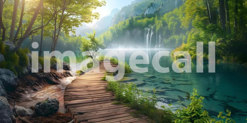 Beautiful wooden path trail for nature trekking with lakes and w