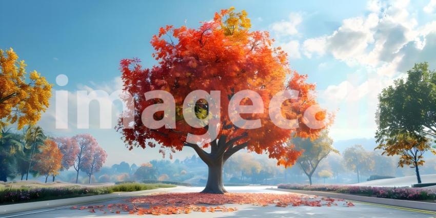 Big tree with colorful leaves on the roadside background - Ai Ge