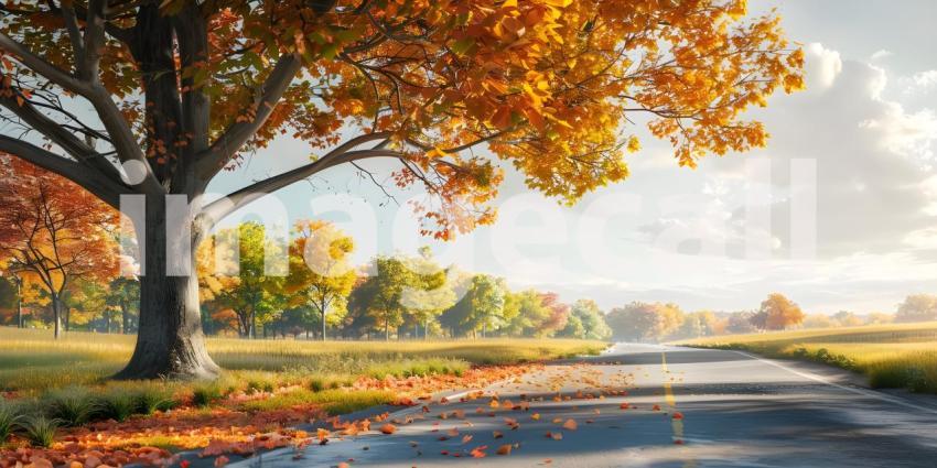 Big tree with colorful leaves on the roadside background - Ai Ge