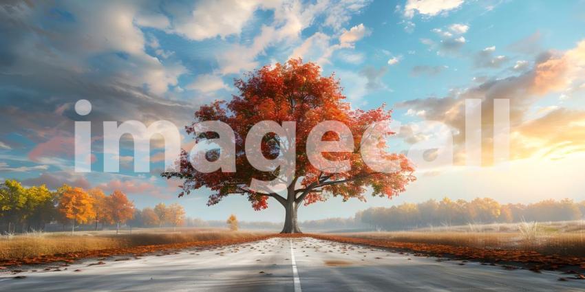 Big tree with colorful leaves on the roadside background - Ai Ge