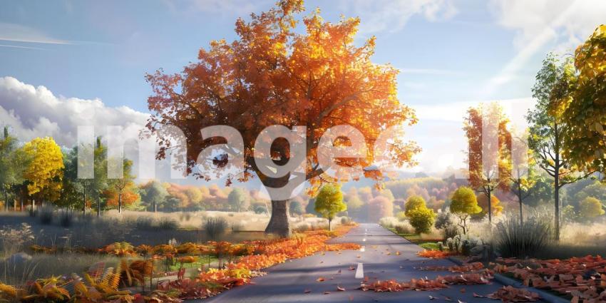 Big tree with colorful leaves on the roadside background - Ai Ge
