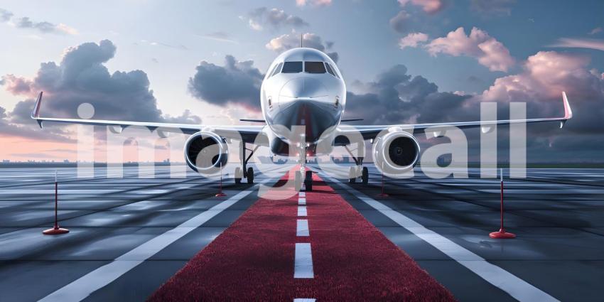 Boarding commercial airplane with red carpet at airport backgrou