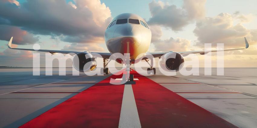 Boarding commercial airplane with red carpet at airport backgrou