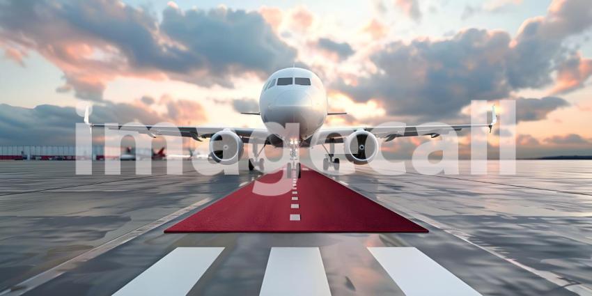 Boarding commercial airplane with red carpet at airport backgrou