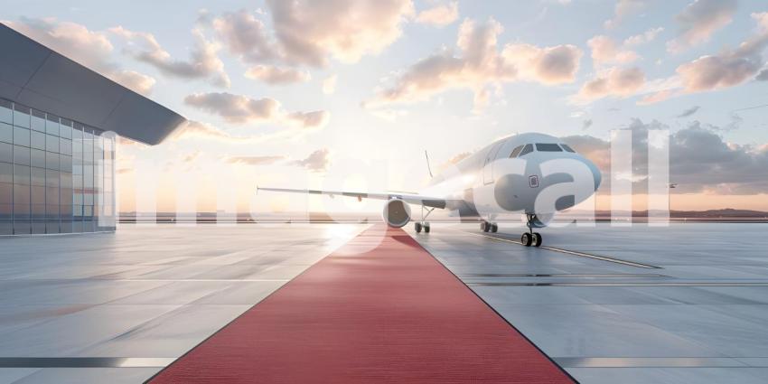 Boarding commercial airplane with red carpet at airport backgrou