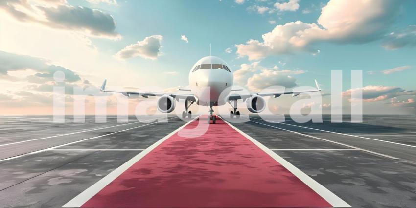 Boarding commercial airplane with red carpet at airport backgrou