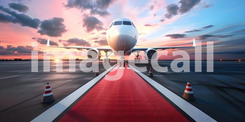 Boarding commercial airplane with red carpet at airport backgrou
