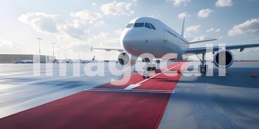 Boarding commercial airplane with red carpet at airport backgrou