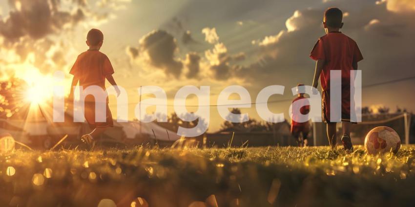 Kids Playing Football in ground during sunset - Ai Generated