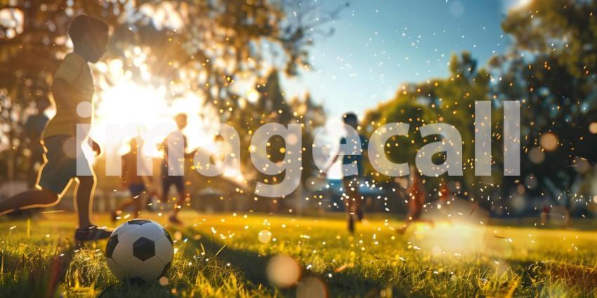 Kids Playing Football in ground during sunset - Ai Generated