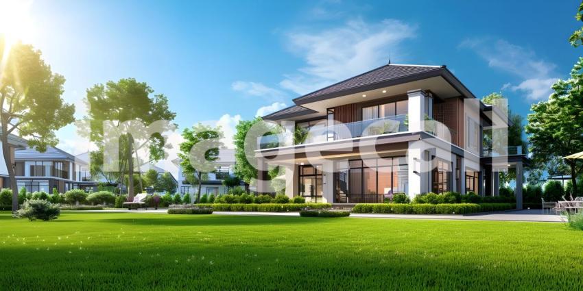 Beautiful House With Green Grass Yard background - Ai Generated