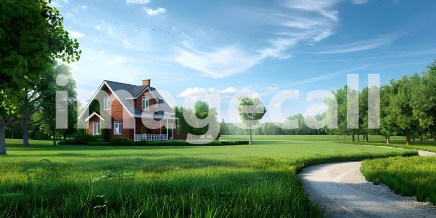 Beautiful House With Green Grass Yard background - Ai Generated