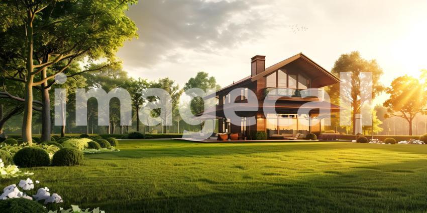Beautiful House With Green Grass Yard background - Ai Generated