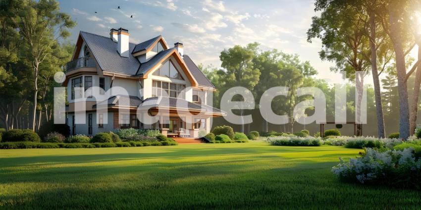 Beautiful House With Green Grass Yard background - Ai Generated