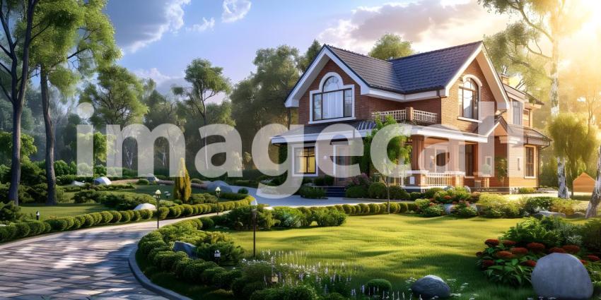 Beautiful House With Green Grass Yard background - Ai Generated