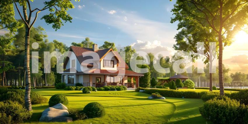 Beautiful House With Green Grass Yard background - Ai Generated