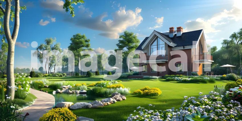 Beautiful House With Green Grass Yard background - Ai Generated