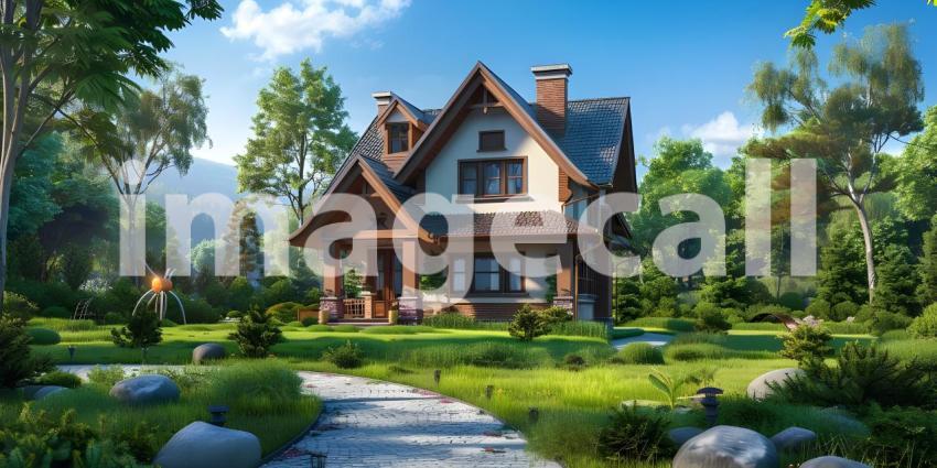 Beautiful House With Green Grass Yard background - Ai Generated