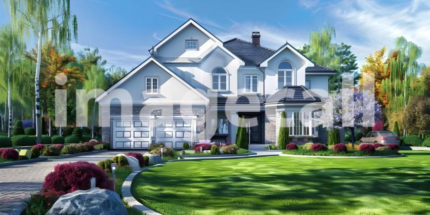 Beautiful House With Green Grass Yard background - Ai Generated