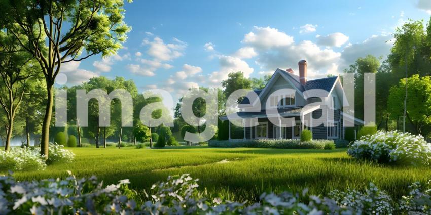 Beautiful House With Green Grass Yard background - Ai Generated