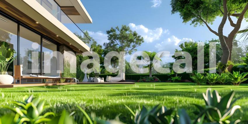 Beautiful House With Green Grass Yard background - Ai Generated