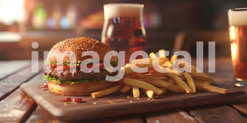 Burger and fries on wooden background - Ai Generated