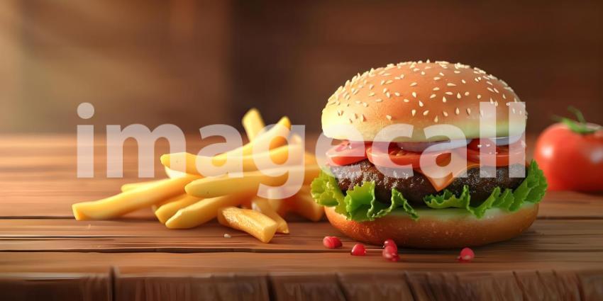 Burger and fries on wooden background - Ai Generated