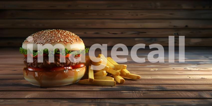 Burger and fries on wooden background - Ai Generated