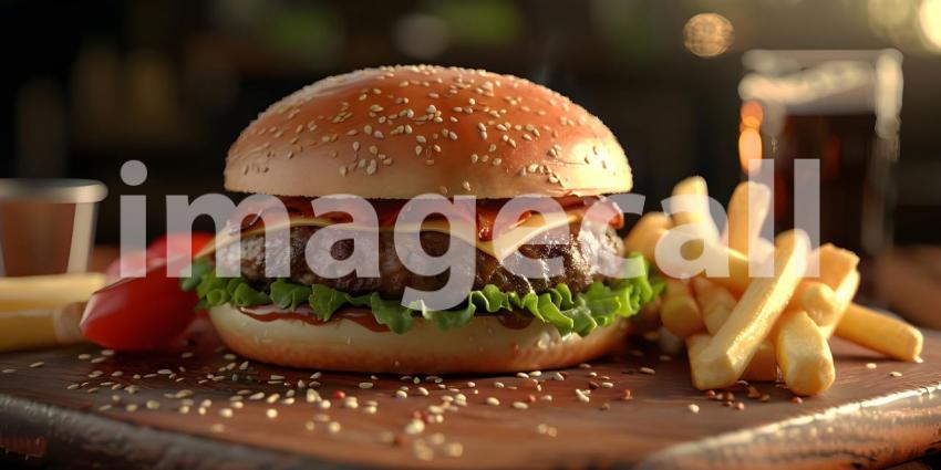 Burger and fries on wooden background - Ai Generated