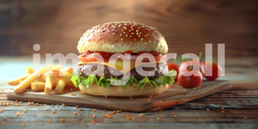 Burger and fries on wooden background - Ai Generated