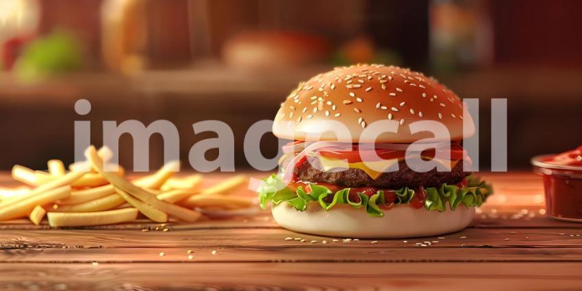 Burger and fries on wooden background - Ai Generated