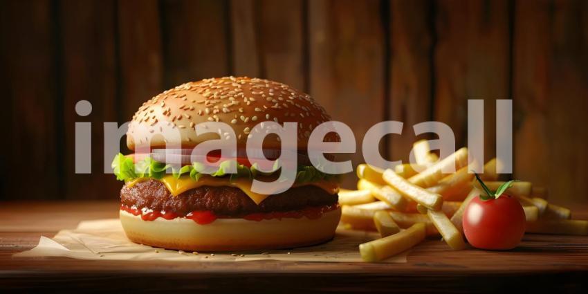 Burger and fries on wooden background - Ai Generated