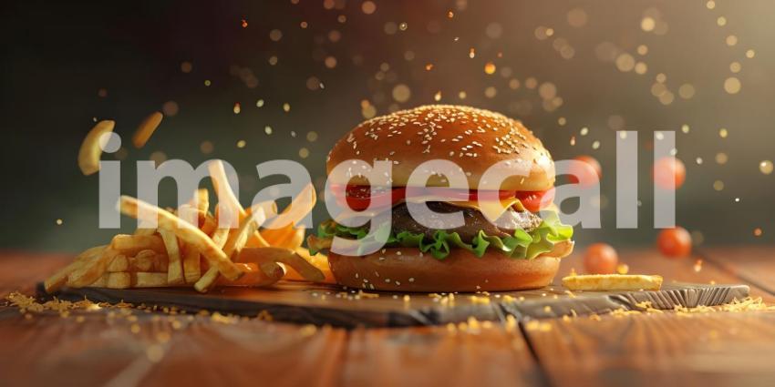 Burger and fries on wooden background - Ai Generated