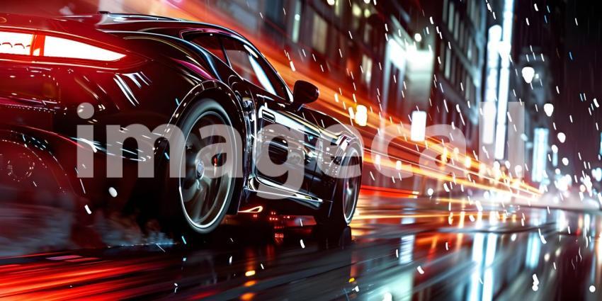 Car on high speed in night city background - Ai Generated
